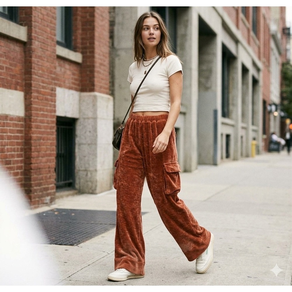 PrettyLittleThing Rust Ribbed Velvet Wide Leg Cargo Pants Sz 2 High Waist baggy